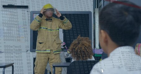 Animation of data processing over diverse fireman and schoolchildren in class - Powered by Adobe