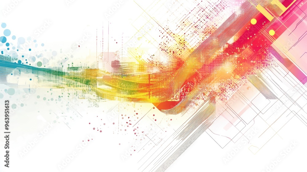 Poster intricate rainbow-colored abstract technology vector, featuring dynamic geometric patterns on a cris
