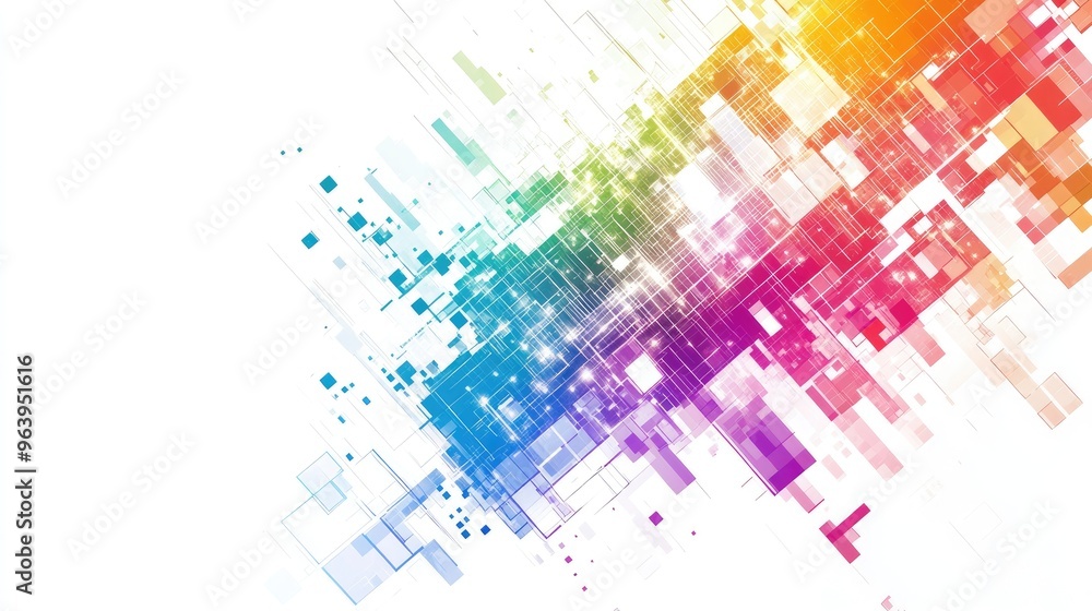 Poster intricate rainbow-colored abstract technology vector, featuring dynamic geometric patterns on a cris