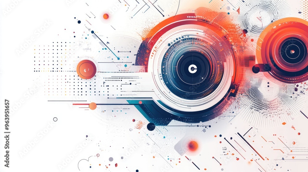 Poster intricate vector design with dynamic tech elements, placed on a clean white background, symbolizing 