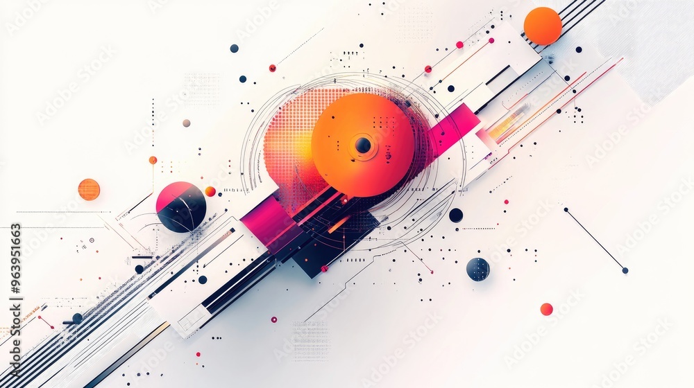 Poster intricate vector design with dynamic tech elements, placed on a clean white background, symbolizing 