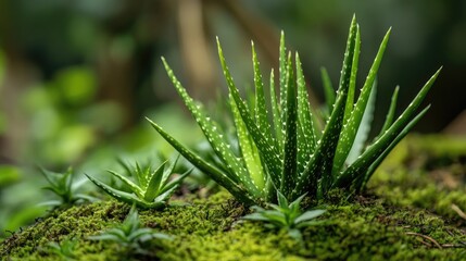 Macro shot of aloe vera, bamboo, and tiny plants on a nature trail in a bog, highlighting their intricate details with a realistic background