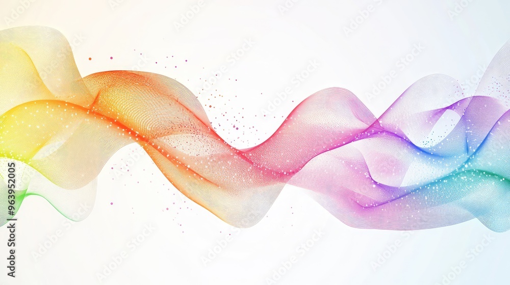 Poster rainbow-colored abstract technology vector with intricate geometric shapes, flowing elegantly on a c