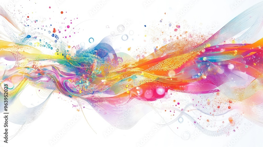 Poster rainbow-colored technology vector with intricate abstract shapes and lines, flowing seamlessly on a 