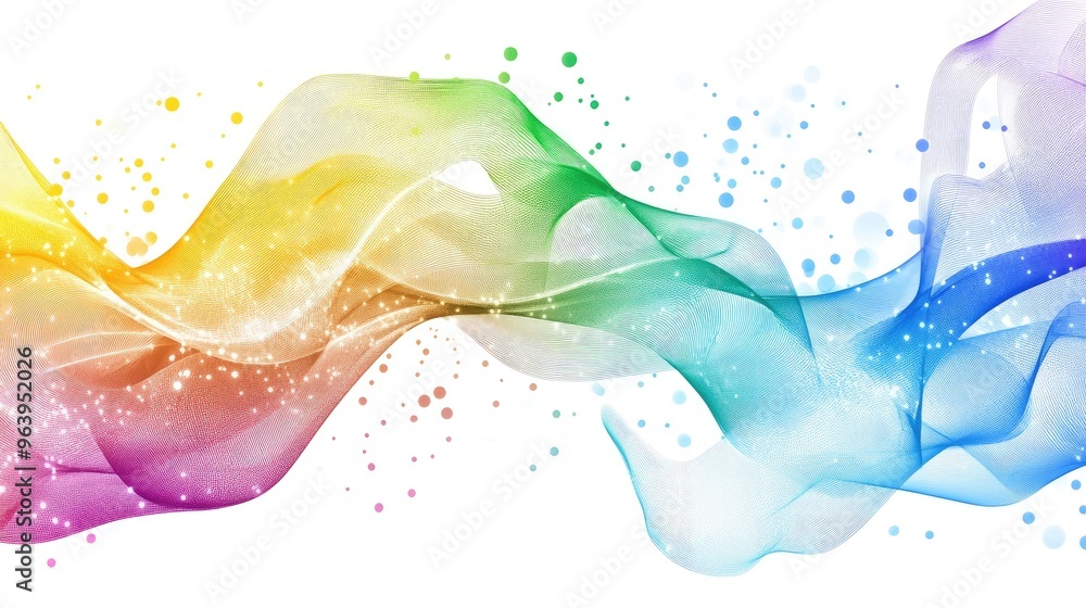 Poster rainbow-colored abstract technology vector with intricate geometric shapes, flowing elegantly on a c