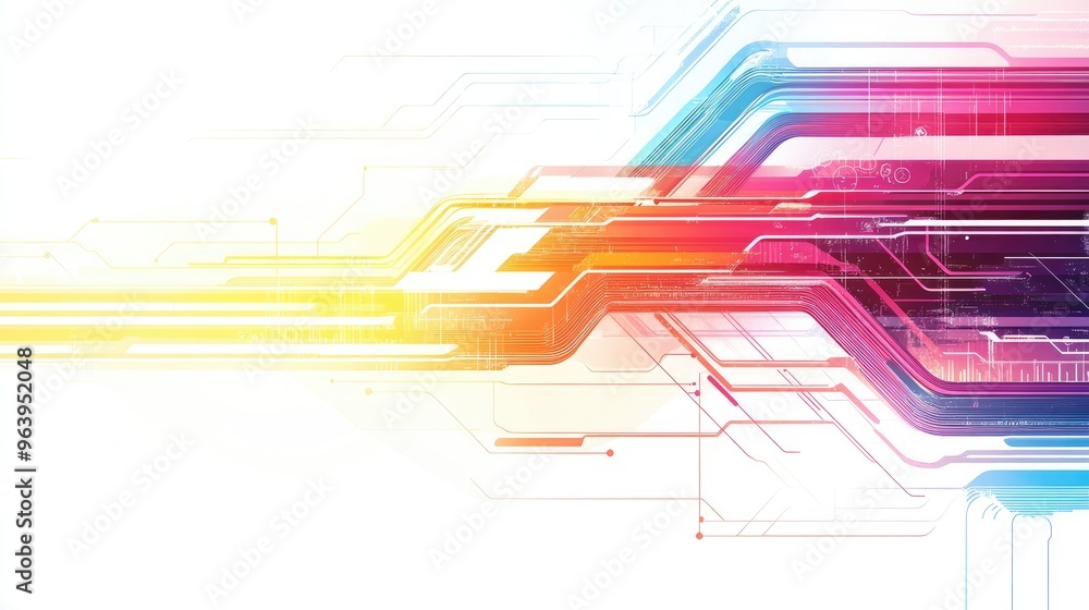 Poster rainbow-colored technology vector with intricate abstract shapes and lines, flowing seamlessly on a 