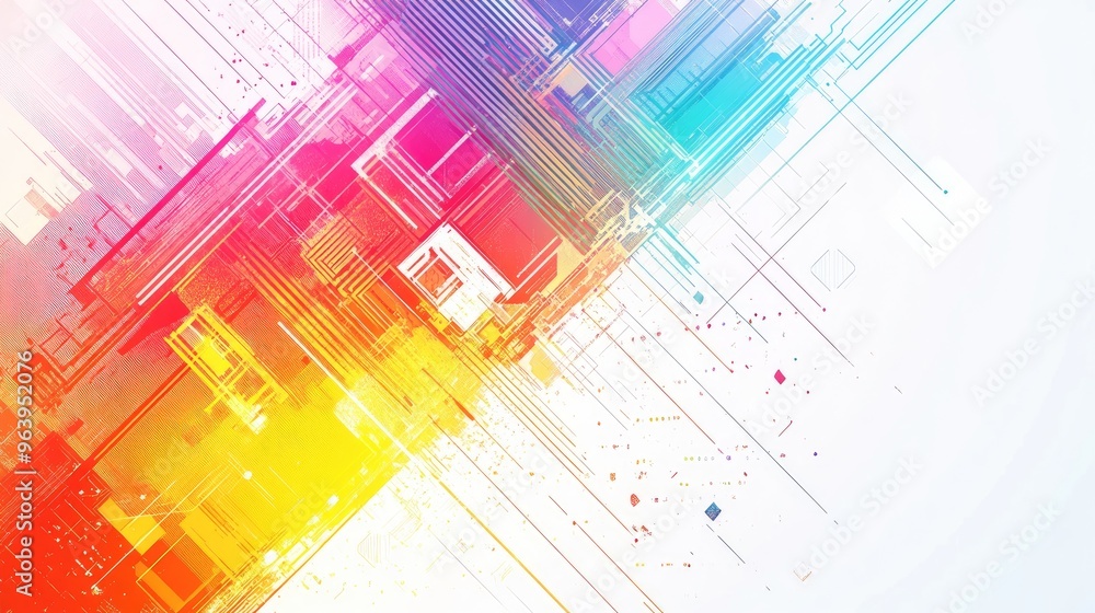 Poster rainbow-hued abstract technology vector with intricate geometric patterns and lines, set against a w