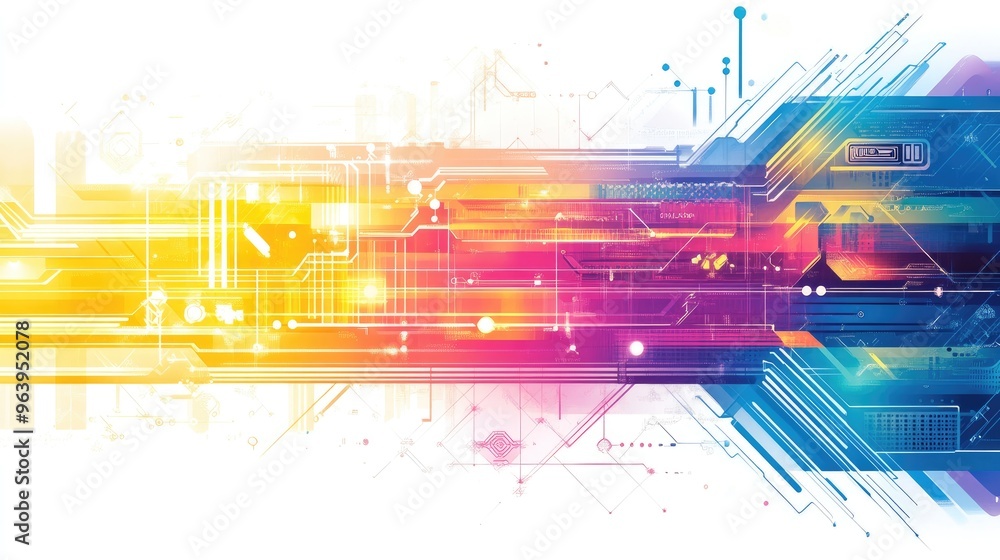 Poster rainbow-hued abstract technology vector with intricate geometric patterns and lines, set against a w