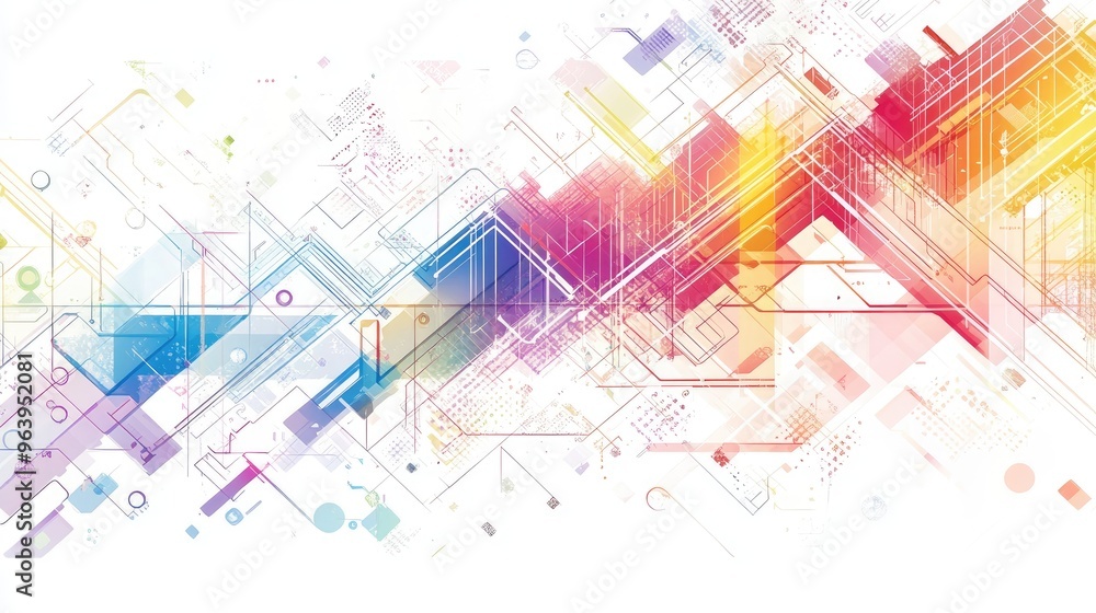 Poster rainbow-hued abstract technology vector with intricate geometric patterns and lines, set against a w