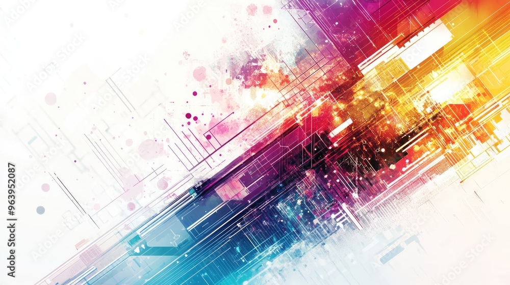 Poster rainbow-hued abstract technology vector with intricate geometric patterns and lines, set against a w