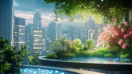 Fototapeta premium A futuristic garden with bioluminescent plants and holographic gardening tools
