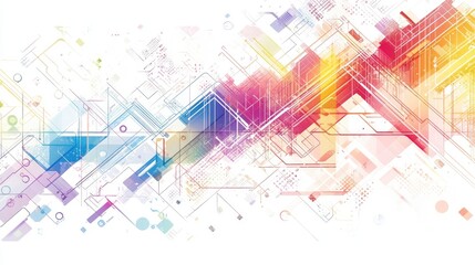 Fototapeta premium Rainbow-hued abstract technology vector with intricate geometric patterns and lines, set against a white backdrop for a futuristic look