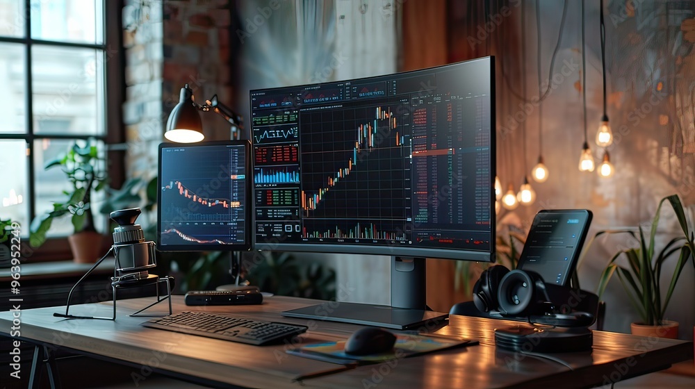Poster desktop workspace with a large monitor showing a foreign exchange market chart and various financial