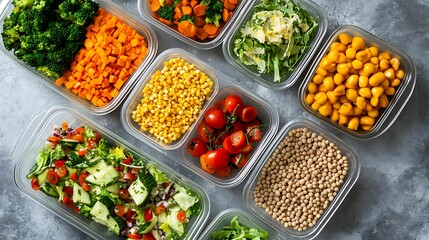 Top view of colorful meal prep vegetables, including broccoli, carrots, tomatoes, corn, and salad, neatly stored in clear containers.