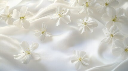 Soft white flowers scattered on a flowing white background, providing an elegant and calming floral backdrop for design or decor