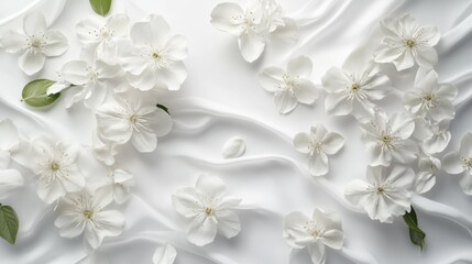 Soft white flowers scattered on a flowing white background, providing an elegant and calming floral backdrop for design or decor