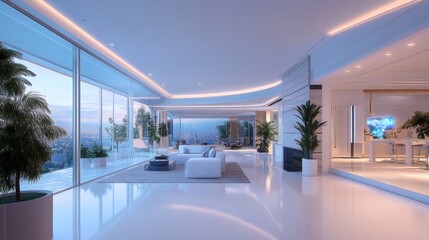 A futuristic home with bioluminescent decor and holographic living spaces