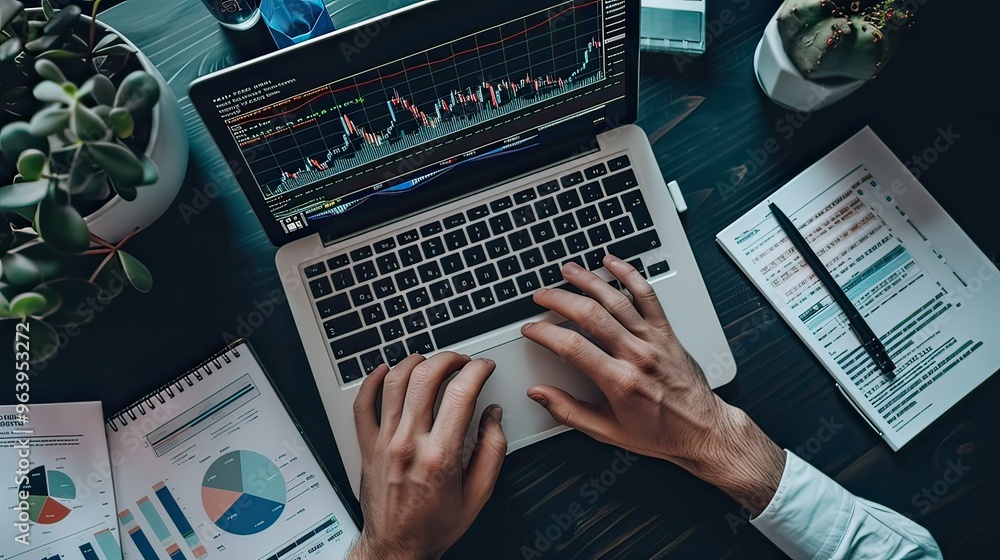 Poster hands typing on a laptop with a foreign exchange market chart visible on the screen and financial do