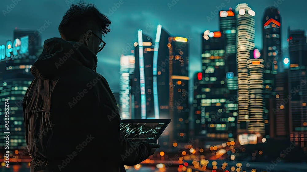 Poster trader in a financial office looking at a forex market chart on a digital tablet with a city skyline