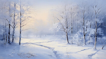 A serene winter forest with snow-covered trees and a peaceful atmosphere.