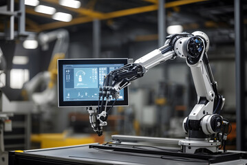Fototapeta premium Robot Arms on Automated EV Battery Components Production Line. Electric Car Battery Pack Manufacturing Process. Conveyor Belt on a Modern Factory.