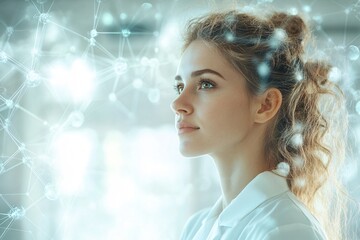 Fototapeta premium Young Woman Looking Up with Network Connections Around Her Head