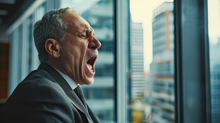 Bored middle-aged white man in a suit yawning and glancing out of the window during a meeting. 