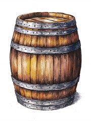 Obraz premium A wooden barrel with metal bands, isolated on a white background.