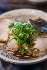 Spicy tonkotsu yobimodoshi ramen with block fried onion oil, Kurume ramen, Fukuoka, Japan