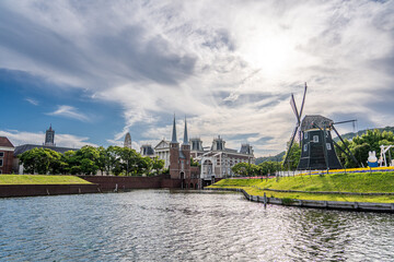 Dutch theme architecture landscape along canal cruising in Huis Ten Bosch Theme Park,Sasebo, Japan