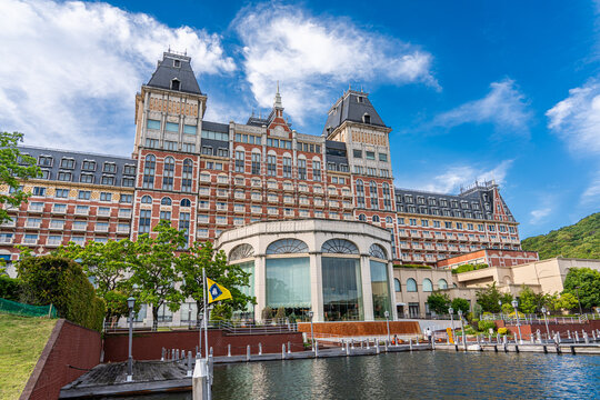 Dutch theme architecture landscape along canal cruising in Huis Ten Bosch Theme Park,Sasebo, Japan