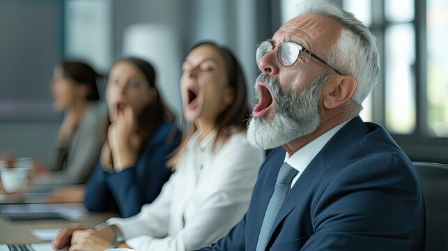 Middle-aged white business professional stifling a yawn while listening to a presentation in a boardroom. 