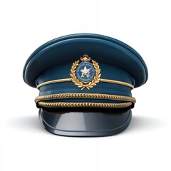 A blue and gold military cap with a star and laurel wreath emblem.