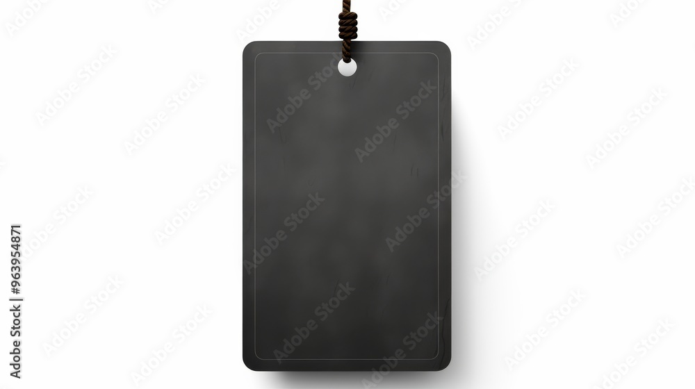 Poster Empty black tag hanging on a string against a white background in minimalistic style