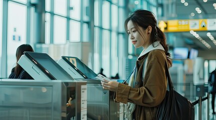 Female airport staff helping traveler with check-in process and passport verification. 