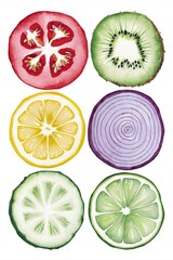Fototapeta premium Watercolor illustration of sliced fruits and vegetables, including tomato, kiwi, lemon, onion, lime, and cucumber.