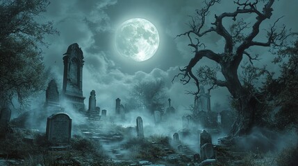 A spooky graveyard under a full moon. The tombstones are old and weathered, and the fog adds to the eerie atmosphere.