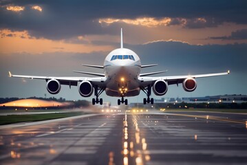Naklejka premium Passenger airplane landing on runway in airport. Evening 