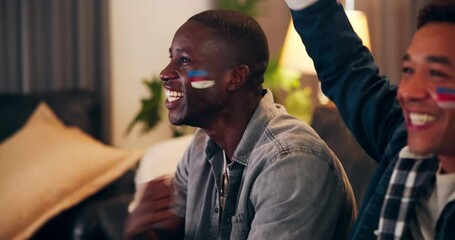 Friends, excited and celebration for baseball game, support and watching tv with global event in home. People, happy and fans for television, sports or social with live streaming, success and hug