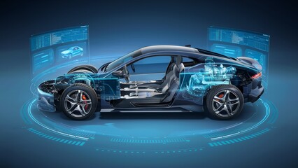 Fototapeta premium A futuristic car with its interior and engine exposed, highlighting technological advancements in automotive design.