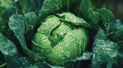 A freshly washed head of cabbage with water drops clinging to its crinkled leaves, in natural light.