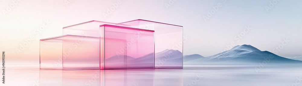 Poster abstract transparent boxes with a soft pastel background, creating a serene and modern atmosphere fo