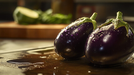 Water drops on a glossy eggplant, reflecting light in a kitchen setting with a cutting board in the background.