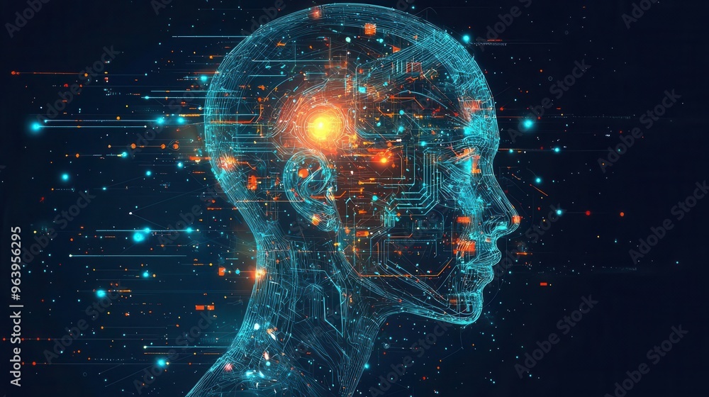 Poster a futuristic digital representation of a human head with glowing circuits and data patterns symboliz