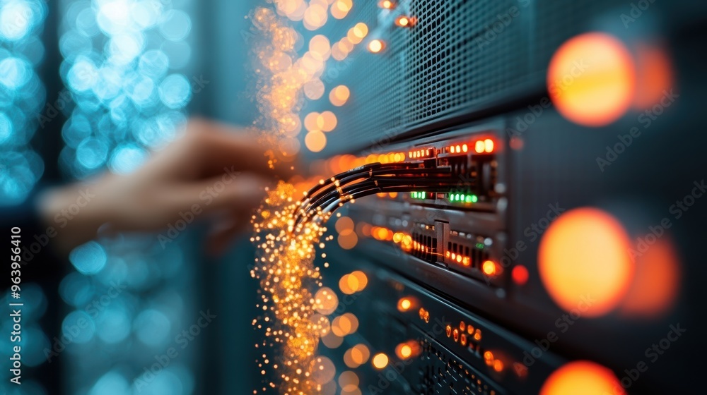 Poster technicians working diligently on network infrastructure in a data center, highlighting the importan