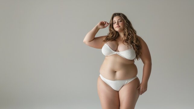Self-love. Full-length image of young beautiful girl with plus size body shape posing in underwear against grey studio background. Concept of natural beauty, body positivity, care, acceptance
