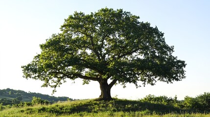 Majestic Oak Tree with Sturdy Trunk and Sprawling Branches. A large, ancient oak tree standing tall, symbolizing strength and longevity, with wide branches and dense green foliage creating a natural, 