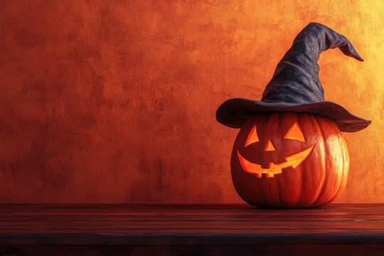 Carved Halloween pumpkin with a witch hat on a wooden table, set against an orange and black background with copy space for text, spooky autumn decor for Halloween festivities