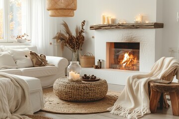A living room with a fireplace and a rug