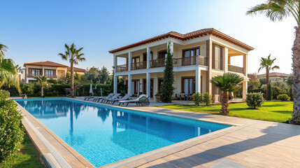 Fototapeta premium Elegant villa with a pool and palm trees against a sunset backdr